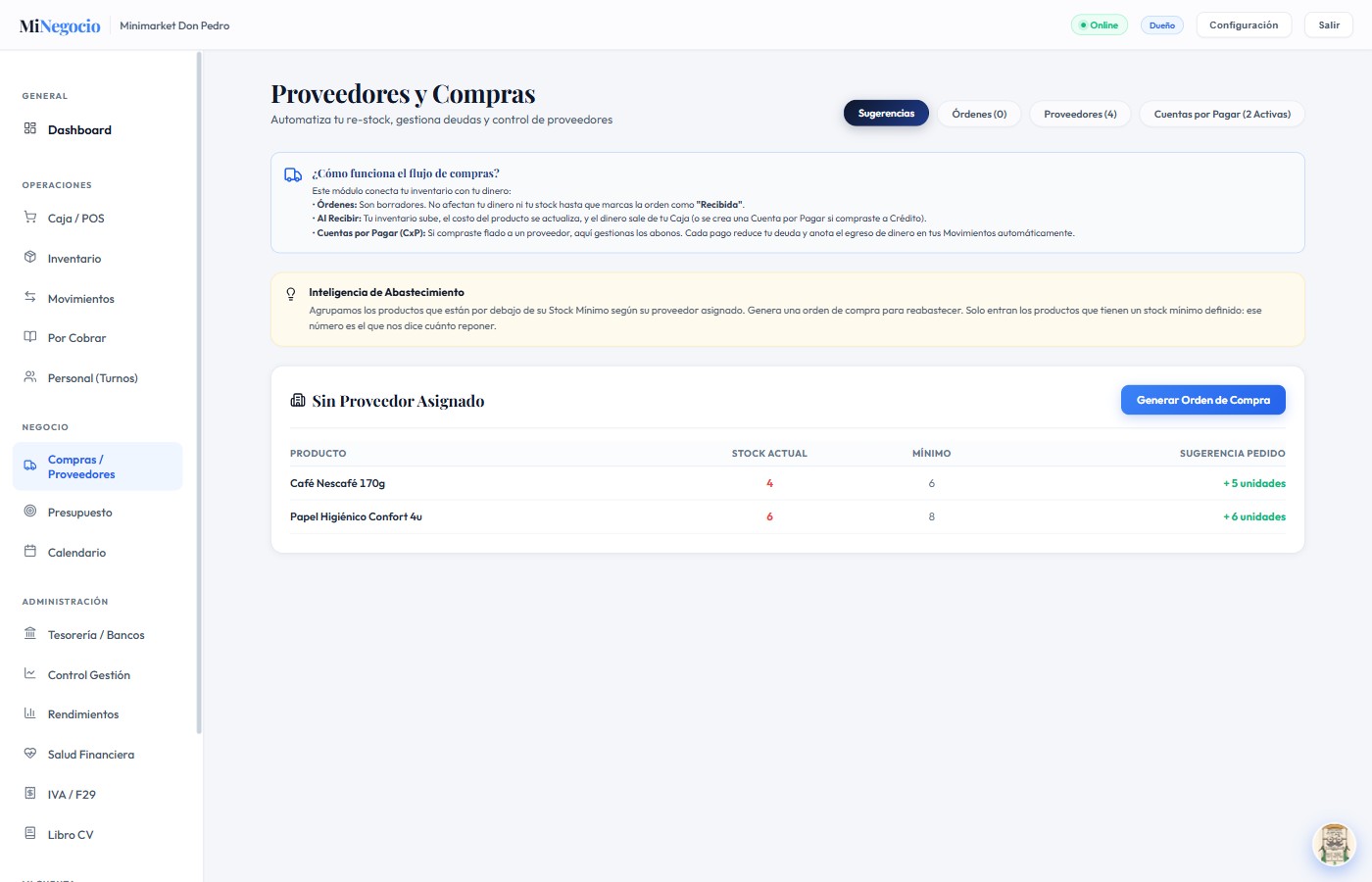 Compras y Proveedores de MiNegocio: sugerencias de pedido según el stock mínimo, órdenes de compra y cuentas por pagar