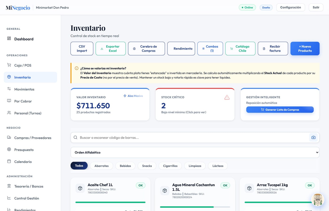 Inventario de MiNegocio: valor del inventario, stock crítico y productos