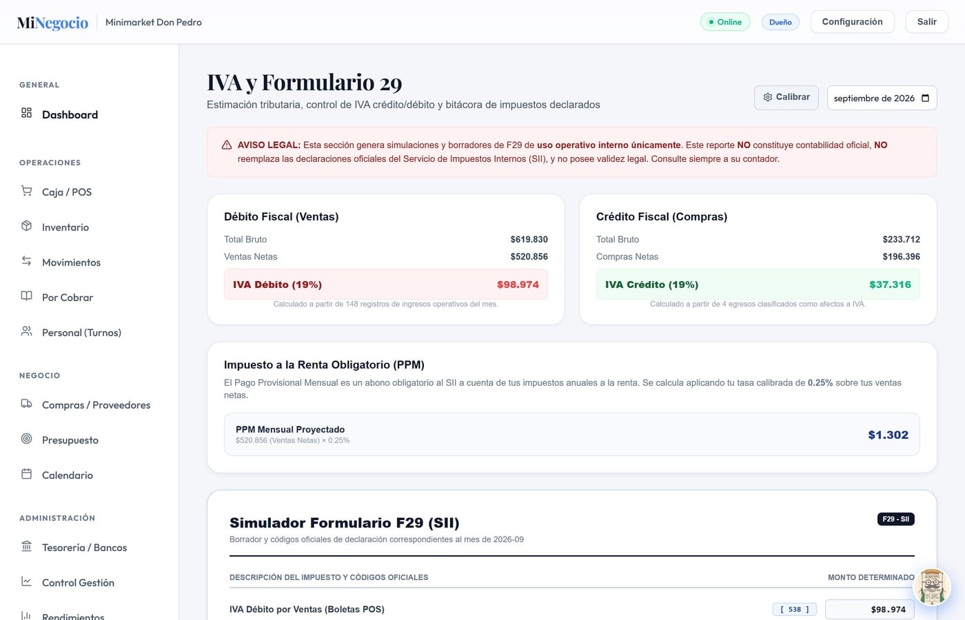 IVA y Formulario 29 de MiNegocio: débito, crédito fiscal y simulador F29